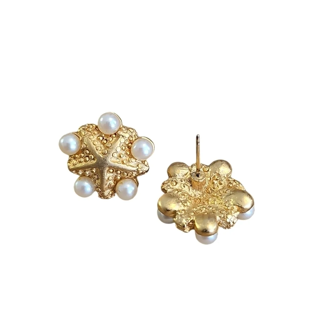 Gold and White Starfish Earrings with Pearl Accents - Picture 3 of 4